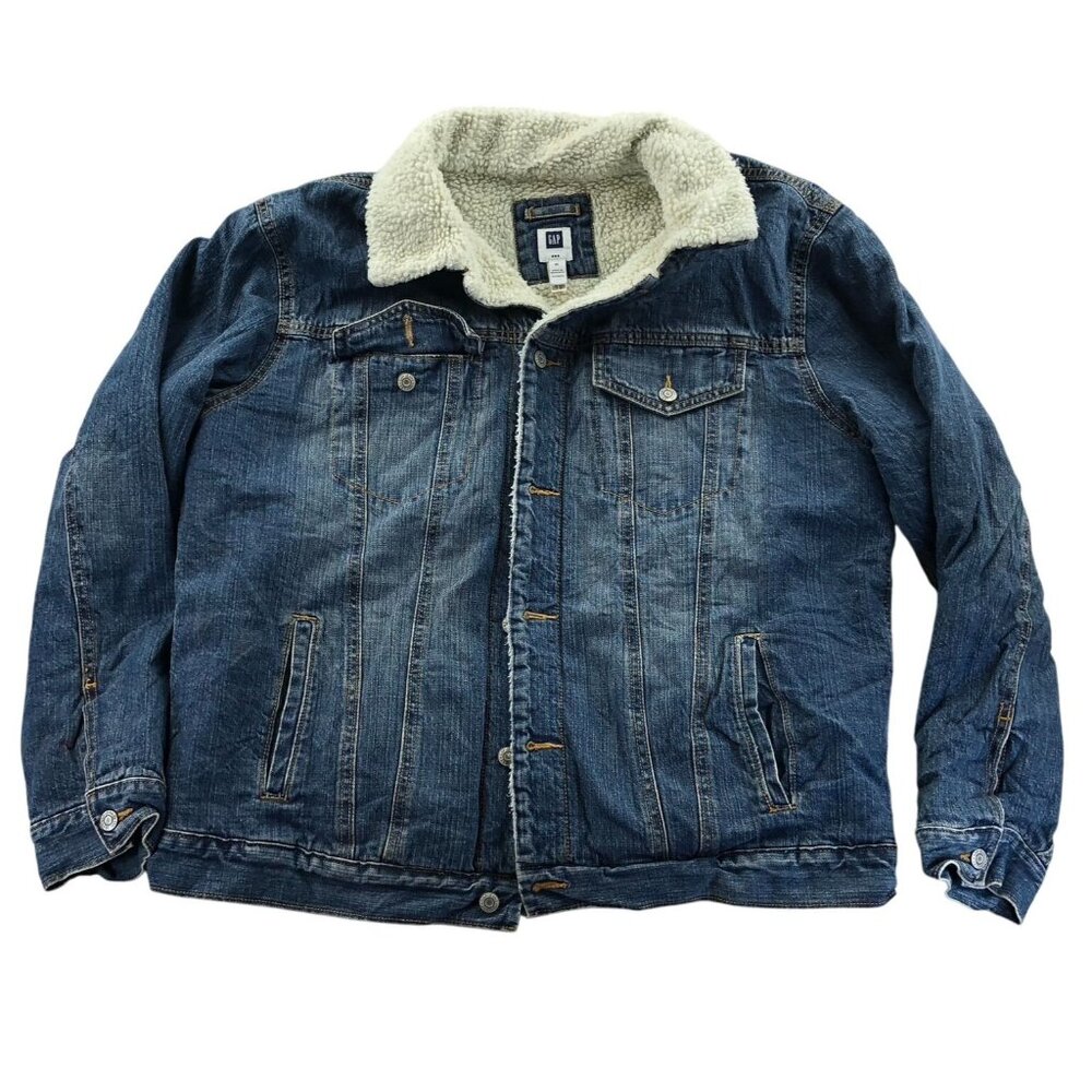 Gap Mens Jean Jacket Size XL Blue Denim Sherpa Lined Collared Button Up Cozy